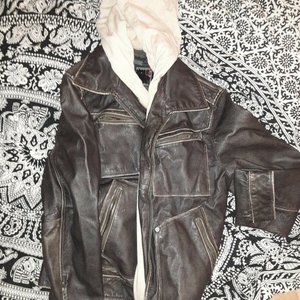 Guess Mens Brown Genuine Leather Jacket With Hood